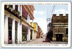 Colon Panama Postcard Front Street Railroad Station to the Right c1930's Vintage