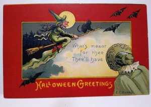 Halloween Postcard Fantasy Witch On Broom Black Cat Bats EC Banks Albert Wilson