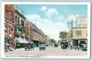 Ayer Massachusetts Postcard Main Street Looking East Streetcar Classic Cars 1920
