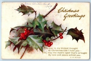 Christmas Postcard Greetings Holly Berries H M Burnside Tuck Oilette Denver CO