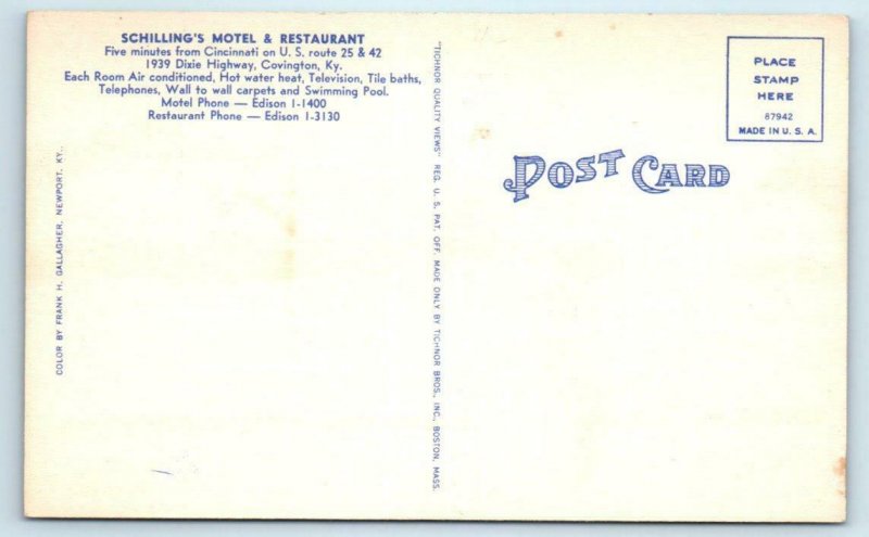 COVINGTON Kentucky KY  Roadside SCHILLINGS MOTEL & Restaurant c1940s Postcard
