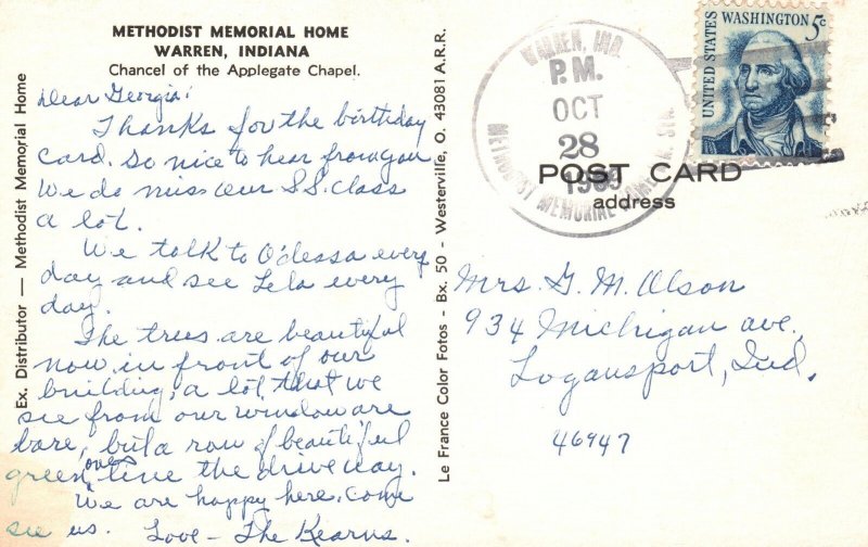 Vintage Postcard 1989 Methodist Memorial Home Chancel Applegate Warren Indiana