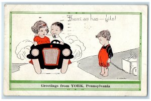 1920 Greeting From York Pennsylvania Children Riding Car Posted Vintage Postcard