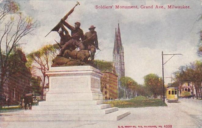 Wisconsin Milwaukee Trolley On Grand Avenue With Soldiers Monument 1910