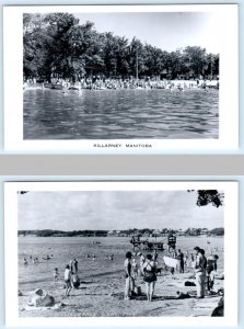 2 RPPC Postcards KILLARNEY LAKE, Manitoba Canada ~ Crowded Beach Scenes 1940s