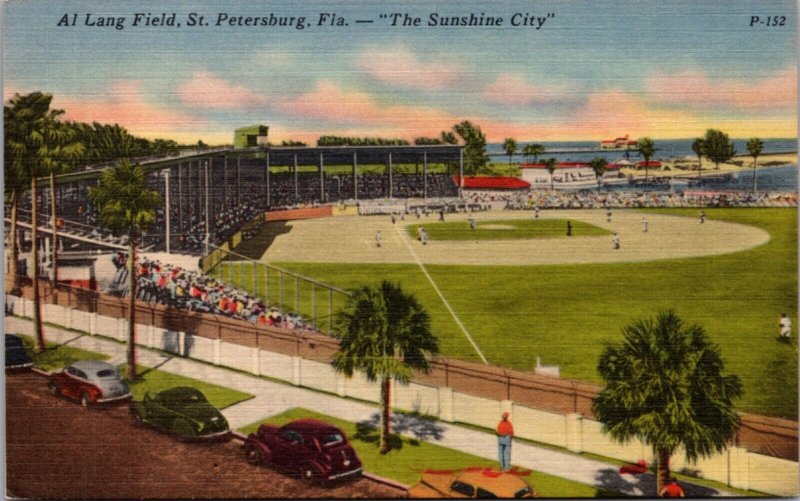 Linen Postcard A1 Lang Field Baseball Game Stadium in St. Petersburg, Florida