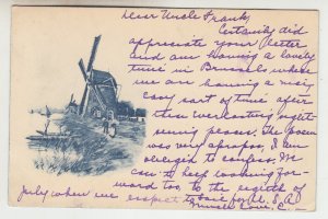 P2203, 1904 postcard windmill scene old belgium stamp