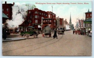SALEM, MA Massachusetts ~ WASHINGTON STREET SCENE Trolley Car  c1910s Postcard 