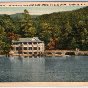 c1940s Montreat, NC Book Store Lake Susan Bridge Unique Rare Linen Postcard A231