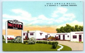 HASTINGS, Nebraska NE ~ Roadside REST AWHILE MOTEL 1950s Adams County Postcard