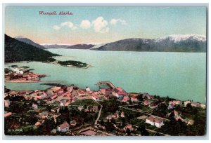 c1950 Wrangell Alaska Mountain Snowcapped River Lake Buildings Roads AK Postcard 