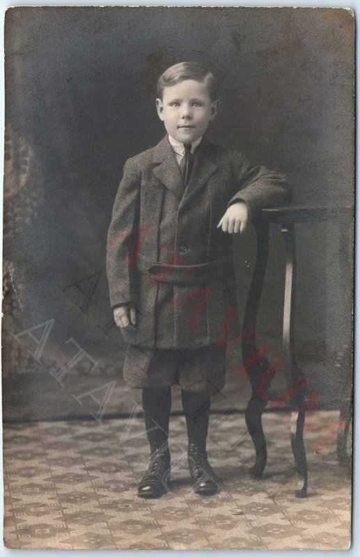 c1910s Cool Handsome Little Boy RPPC Studio Photo Cute Winter Coat Fashion A159