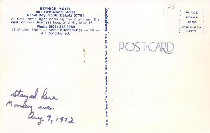 Rapid City South Dakota~Reynick Motel~Office Building~1972 Roadside Postcard