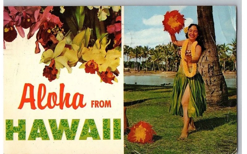 Flowers Hula Girl Grass Skirt Uli Uli’s Splitview Hawaii Postcard 1967 1998