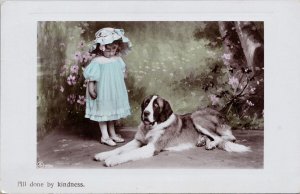 Girl and Large Breed Dog St Bernard All Done By Kindness RPPC Postcard H22