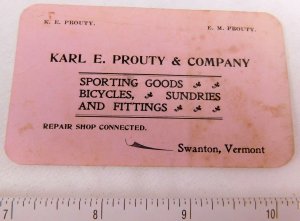 Karl E. Prouty & Company Sporting Goods Bicycles Swanton, VT Victorian Card F49