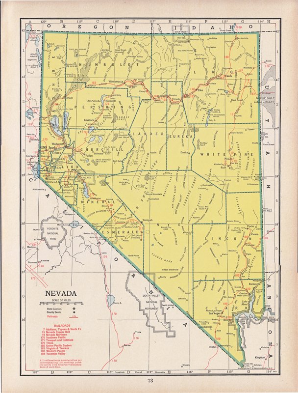 NEVADA - Railroad MAP of STATE / 1915 era / Reverse is of NEW HAMPSHIRE