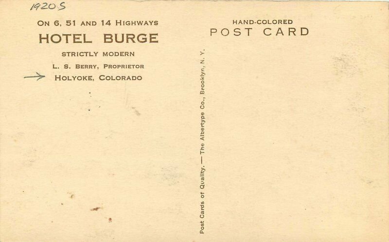 Albertype Holyoke Colorado hand colored Hotel Burge roadside Postcard 10866 