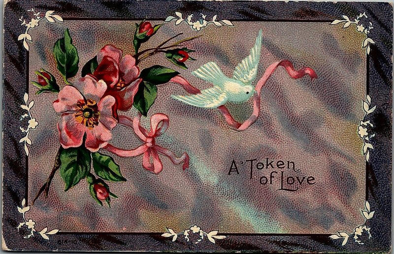 1909 VALENTINES WERNERSVILLE PA A TOKEN OF LOVE DOVE FLOWERS POSTCARD 26-223 