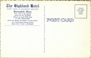 SPRINGFIELD Massachusetts Hotel Postcard - regency room dining room vintage