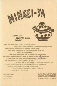 Vintage Postcard Menu Mingei-Ya Japanese Restaurant San Francisco CA Posted