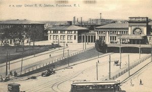 Providence RI Trolley Old Cars Union Railroad Station Train Depot Postcard