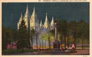 Vintage Postcard The Mormon Temple Church Illuminated Salt Lake City Utah UT