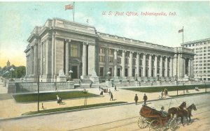 Indianapolis IN Post Office Litho Postcard Used, Horse Carriage,  People,  Flags