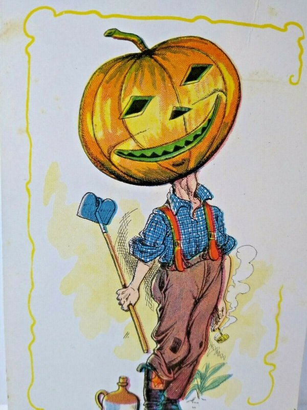 Halloween Postcard Farmboy Goblin Man Fantasy Pumpkin Head In Suspenders Farm 