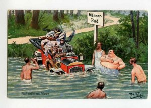 488059 Arthur THIELE Nude Men RIVER Lady in CAR Wreck Comic Vintage postcard