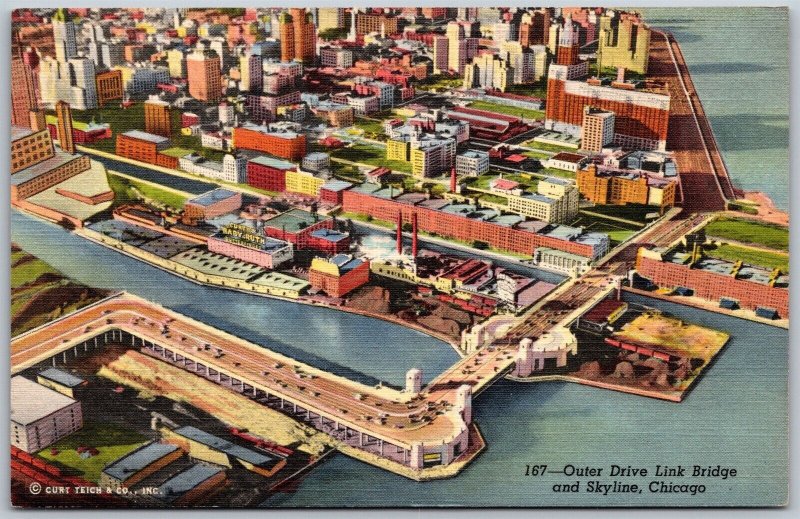 Vtg Chicago Illinois IL Outer Drive Link Bridge & City Skyline View Postcard