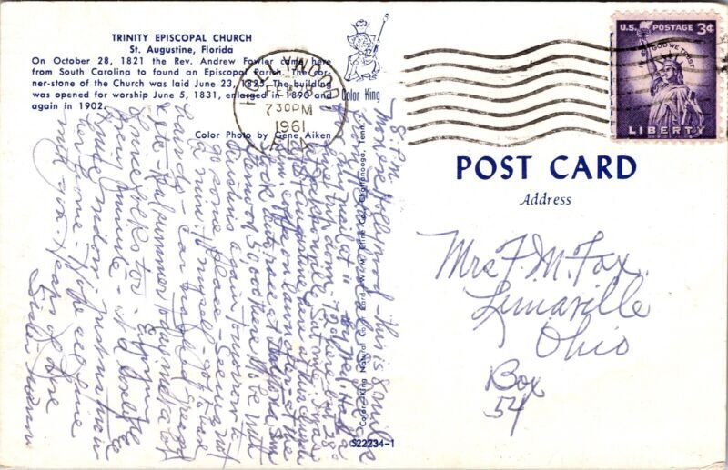 Trinity Episcopal Church St Augustine Florida Hollywood Cancel Liberty Postcard