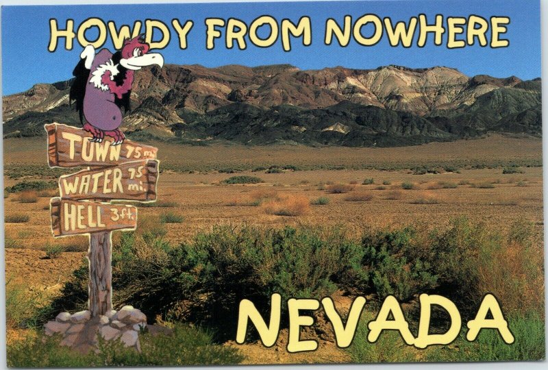 postcard Howdy from Nowhere Nevada - buzzard sitting on signpost