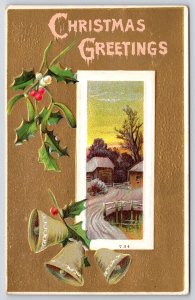 1910's Christmas Greetings Holy Leaf And Bell Winter House Posted Postcard