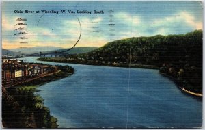 VINTAGE POSTCARD VIEW OF THE OHIO RIVER AT WHEELING WEST VIRGINIA 1948