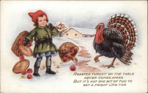 Whitney Thanksgiving Little Boy Scared of Turkey Vintage Postcard