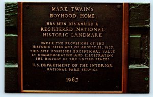 HANNIBAL, MO ~ National Monument Placque MARK TWAIN BOYHOOD HOME 1960s  Postcard