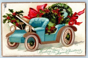 Christmas Postcard Car With Holly Berries Embossed Dunkerton Iowa IA c1910's