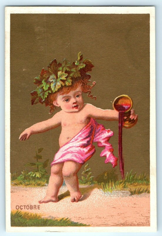 c1880s Cute French Baby October Victorian Trade Card Leaf Head Pouring Wine C24