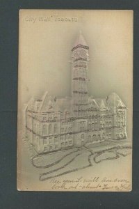 Ca 1909 Post Card Toronto Canada City Hall Lt Gray W/Glitter Airbrushed Embossed
