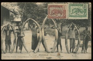 Brazzaville, French Congo. Porteurs d'Ivoire. Ivory. Elephant tusks. 1905 cancel