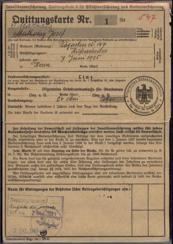 3rd Reich Disability Insurance Card + Revenues 77227