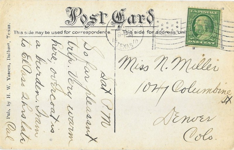 De Soto Hotel Dalhart Texas Mailed 1910