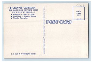 Cleaves Cafeteria One Block From The White House Washington D.C Postcard