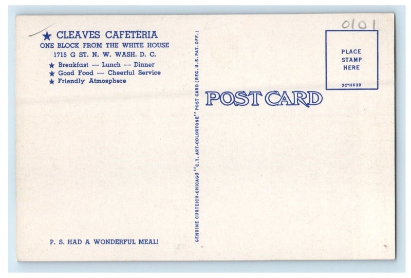 Cleaves Cafeteria One Block From The White House Washington D.C Postcard