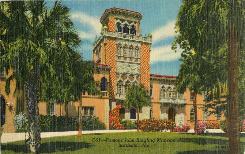 Postcard Famous John Ringling Mansion, Sarasota, FL