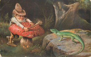 B581 Gnome dwarf with club behind mushroom against lizard artist Alfred Schonian