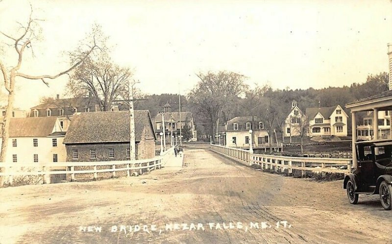 Kezar Lake ME New Bridge Houses Old Car Real Photo Postcard