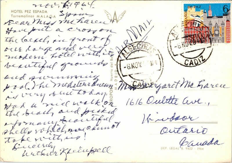 CONTINENTAL SIZE POSTCARD HOTEL PEZ ESPADA TORREMOLINOS MALAGA MAILED 1964