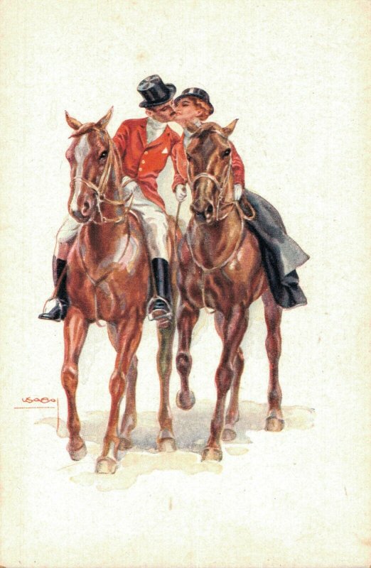 Artist Signed - Usabal Romantic Couple Kissing on their Horses  04.50